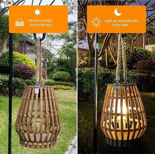Alt view image 3 of 6 - Solar Hanging Lantern Outdoor , Waterproof Natural Bamboo Lanterns with Handle Edison Bulb Design Solar Table Lamp Lights Decoration for Courtyard Patio Garden Farmhouse