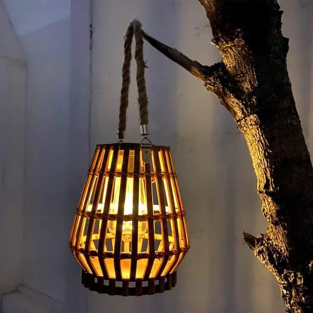 Alt view image 5 of 6 - Solar Hanging Lantern Outdoor , Waterproof Natural Bamboo Lanterns with Handle Edison Bulb Design Solar Table Lamp Lights Decoration for Courtyard Patio Garden Farmhouse