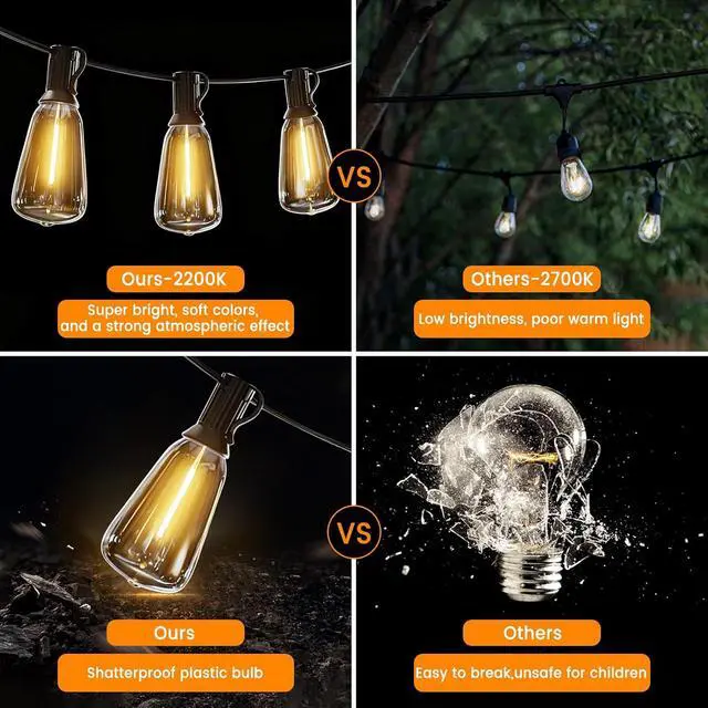 Alt view image 3 of 7 - LED Outdoor String Lights 400ft Shatterproof Patio Lights with 212 Waterproof ST38 Vintage Bulbs(12 Spare), Dimmable Outside Hanging String Lights for Backyard Porch Balcony Party, Warm White
