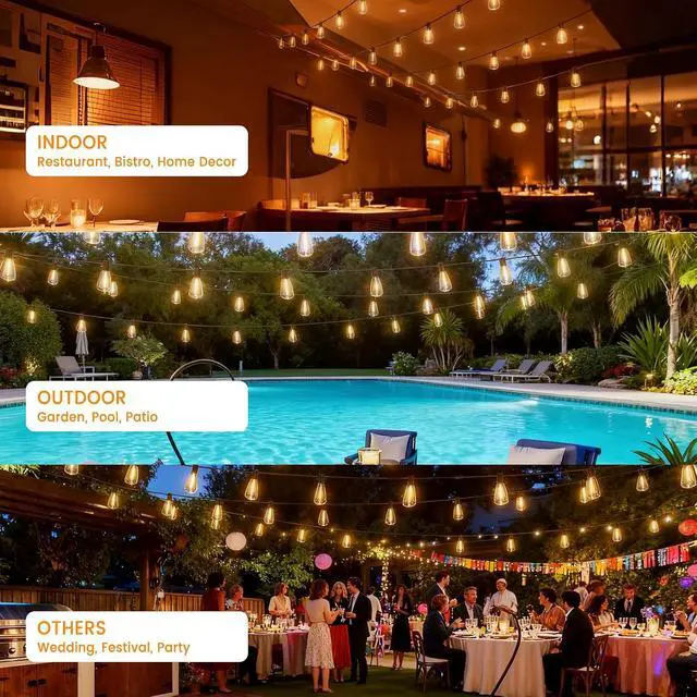 Alt view image 6 of 7 - LED Outdoor String Lights 400ft Shatterproof Patio Lights with 212 Waterproof ST38 Vintage Bulbs(12 Spare), Dimmable Outside Hanging String Lights for Backyard Porch Balcony Party, Warm White
