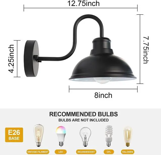 Alt view image 2 of 6 - Outdoor Gooseneck Barn Light Fixture, 8 Inch Farmhouse Exterior Vintage Wall Mount Lighting, Anti-Rust Waterproof Industrial Matte Black Outside Wall Sconces for House Porch Patio Garage Yard