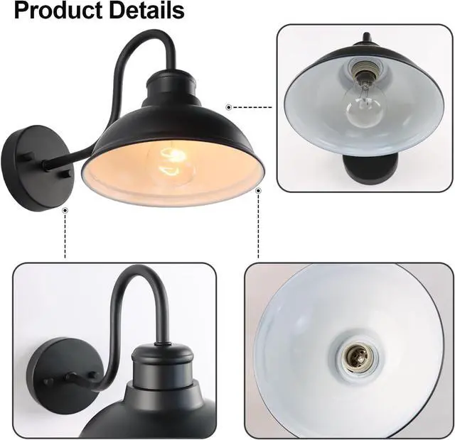 Alt view image 3 of 6 - Outdoor Gooseneck Barn Light Fixture, 8 Inch Farmhouse Exterior Vintage Wall Mount Lighting, Anti-Rust Waterproof Industrial Matte Black Outside Wall Sconces for House Porch Patio Garage Yard