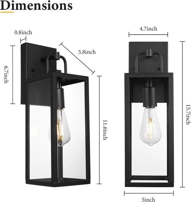 Alt view image 4 of 7 - Outdoor Wall Sconce Lights, 16 Inch Tall Transitional Exterior Wall Light Fixtures with Clear Glass, Anti-Rust Modern Black Outside Lanterns Lamps for House Front Porch Doorway Patio, 2 Pack