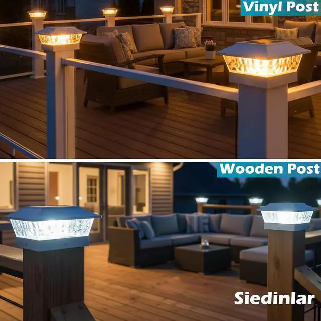 Alt view image 3 of 6 - SIEDiNLAR Solar Post Lights Outdoor 12 LEDs 4 Modes Post Cap Light for 4x4 5x5 6x6 Vinyl Wooden Deck Fence Posts Garden Patio Decor, Warm/Cool White Dynamic Lighting (6 Pack, White)
