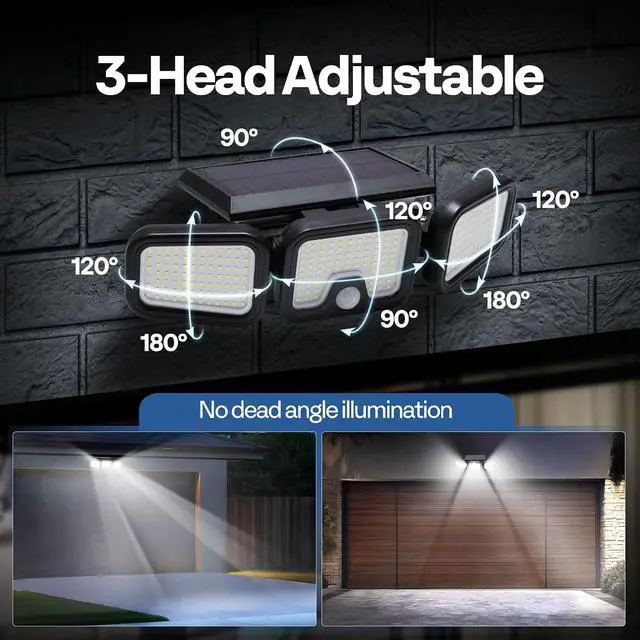 Alt view image 6 of 7 - VIVOHOME Solar Flood Lights Outdoor, 256 LED 2500LM Motion Sensor Lights, 3 Adjustable Heads Security Lights, IP65 Waterproof, 270° Wide Lighting Angle Solar Powered Lights for Porch, Yard