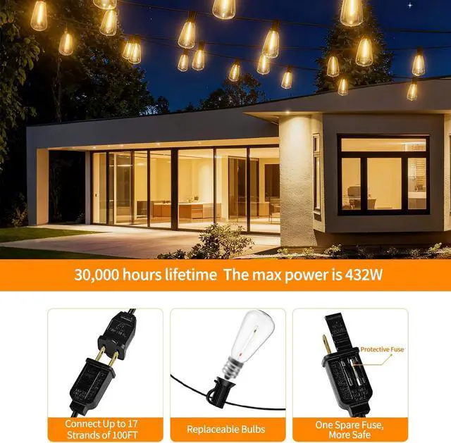 Alt view image 5 of 7 - LED Outdoor String Lights 400ft Shatterproof Patio Lights with 212 Waterproof ST38 Vintage Bulbs(12 Spare), Dimmable Outside Hanging String Lights for Backyard Porch Balcony Party, Warm White