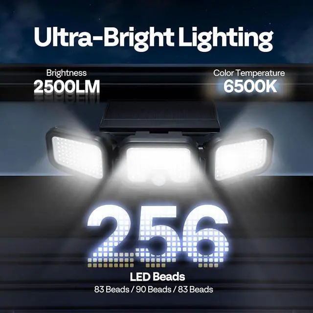 Alt view image 3 of 7 - VIVOHOME Solar Flood Lights Outdoor, 256 LED 2500LM Motion Sensor Lights, 3 Adjustable Heads Security Lights, IP65 Waterproof, 270° Wide Lighting Angle Solar Powered Lights for Porch, Yard