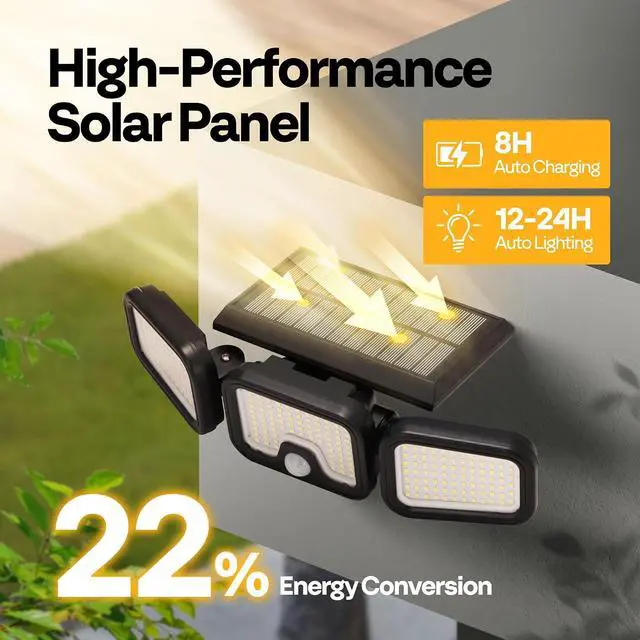 Alt view image 4 of 7 - VIVOHOME Solar Flood Lights Outdoor, 256 LED 2500LM Motion Sensor Lights, 3 Adjustable Heads Security Lights, IP65 Waterproof, 270° Wide Lighting Angle Solar Powered Lights for Porch, Yard