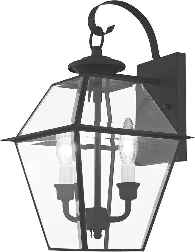 Alt view image 3 of 7 - Livex Lighting 2281-04 Westover 2 Light Outdoor Black Finish Solid Brass Wall Lantern with Clear Beveled Glass