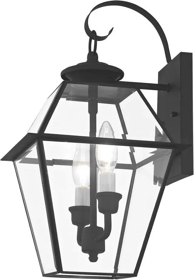 Alt view image 4 of 7 - Livex Lighting 2281-04 Westover 2 Light Outdoor Black Finish Solid Brass Wall Lantern with Clear Beveled Glass