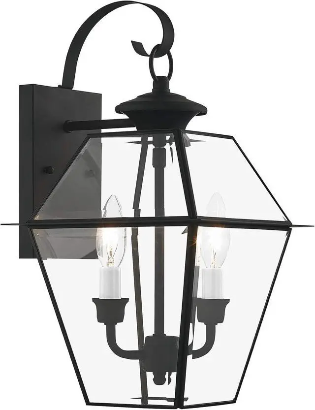 Alt view image 7 of 7 - Livex Lighting 2281-04 Westover 2 Light Outdoor Black Finish Solid Brass Wall Lantern with Clear Beveled Glass