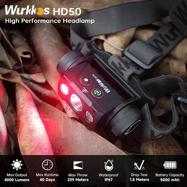 Alt view image 2 of 7 - Wurkkos HD50 4000 Lumens Super Bright Headlamp, Head Lamp with Red Light Mode, High CRI, LED Headlamp with Magnetic Tailcap, Rechargeable Headlamps for Adults, Camping, Night Fishing, Hiking, IPX67