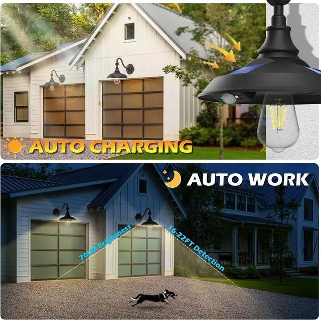 Alt view image 2 of 7 - LeiDrail Solar Barn Lights, Aluminum Rustic Vintage Solar Garage Lights with 3 Lighting Modes & Motion Sensor, Waterproof Outdoor Solar Gooseneck Lights for Barn Shed Chicken Coop Patio (2 Pack)