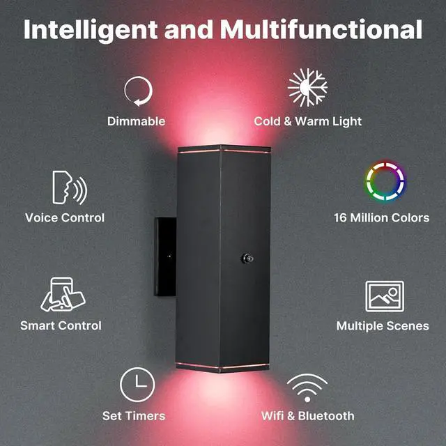 Alt view image 2 of 7 - Outdoor Wall Lights 4 Pack, RGBCW Exterior Lighting Sconce,2700K-6500K Dimmable Smart Porch Lights Outdoor for House Patio Garage, Compatible with Alexa/Google Assistant, Bulb Included