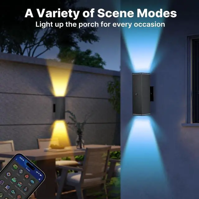 Alt view image 6 of 7 - Outdoor Wall Lights 4 Pack, RGBCW Exterior Lighting Sconce,2700K-6500K Dimmable Smart Porch Lights Outdoor for House Patio Garage, Compatible with Alexa/Google Assistant, Bulb Included