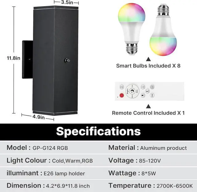 Alt view image 7 of 7 - Outdoor Wall Lights 4 Pack, RGBCW Exterior Lighting Sconce,2700K-6500K Dimmable Smart Porch Lights Outdoor for House Patio Garage, Compatible with Alexa/Google Assistant, Bulb Included