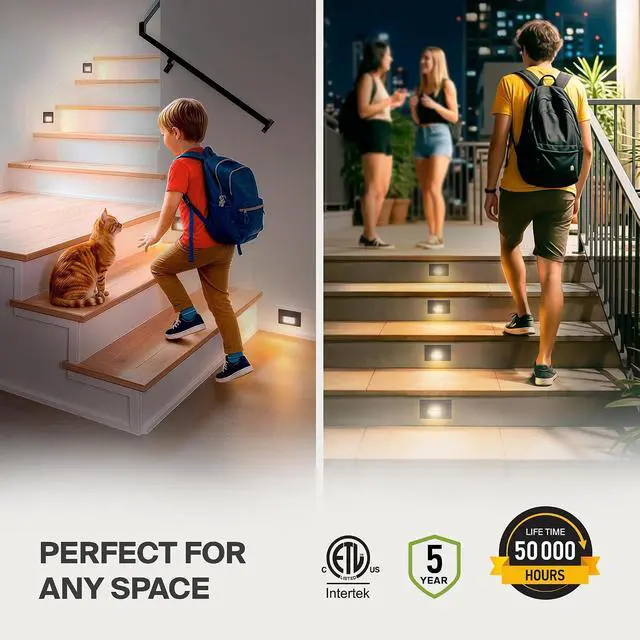Alt view image 2 of 7 - ASD LED Recessed Step Light Fixture, Outdoor & Indoor Stair Tread Lighting | 3CCT, Dimmable, Waterproof, ETL Listed | 3W 120LM 3000K-5000K 120V | Staircase Hardwired Illumination | Black, 12 Pack