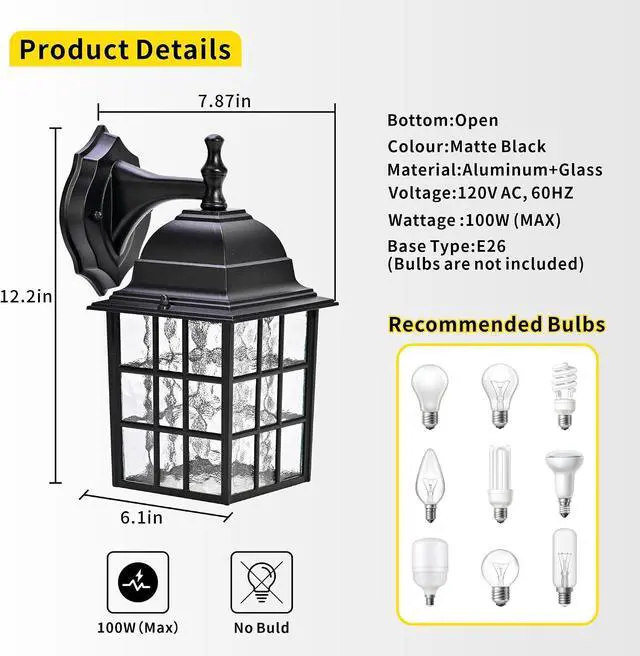 Alt view image 3 of 7 - Outdoor Wall Light Fixtures Waterproof Exterior Sconce Lights Anti-Rust Exterior Lighting Fixtures Black Outdoor Wall Lantern for Porch Patio Front Door Garage House
