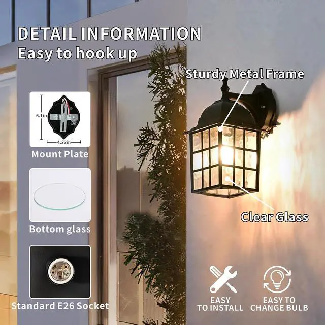 Alt view image 4 of 7 - Outdoor Wall Light Fixtures Waterproof Exterior Sconce Lights Anti-Rust Exterior Lighting Fixtures Black Outdoor Wall Lantern for Porch Patio Front Door Garage House