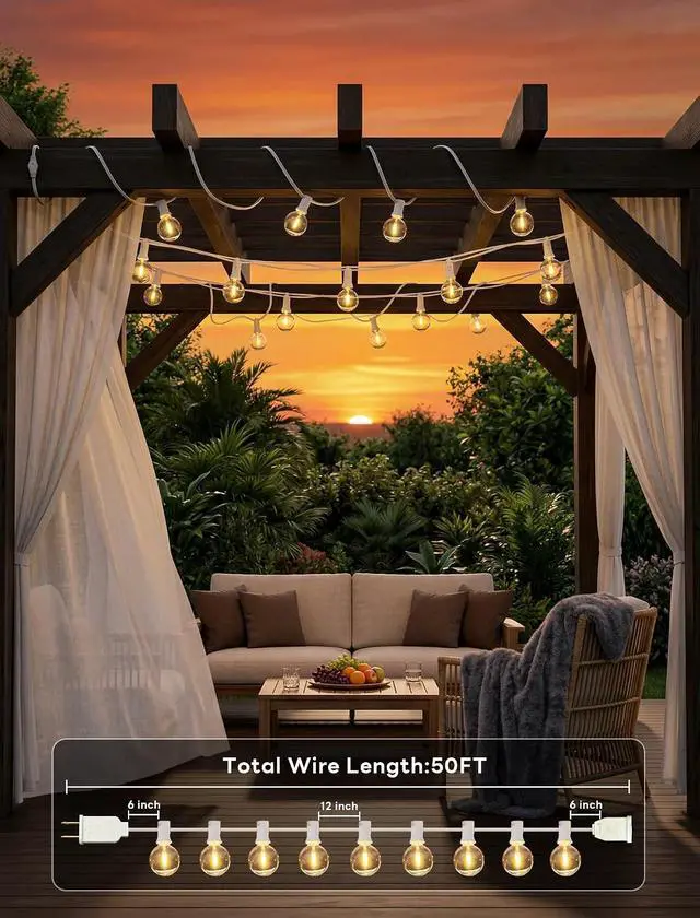 Alt view image 2 of 7 - Abeja LED Outdoor String Lights, 50FT G40 Patio String Lights with 52 Dimmable Shatterproof Bulbs, Waterproof Backyard Outdoor Hanging Lights for Backyard, Bistro, Porch, Deck Decor