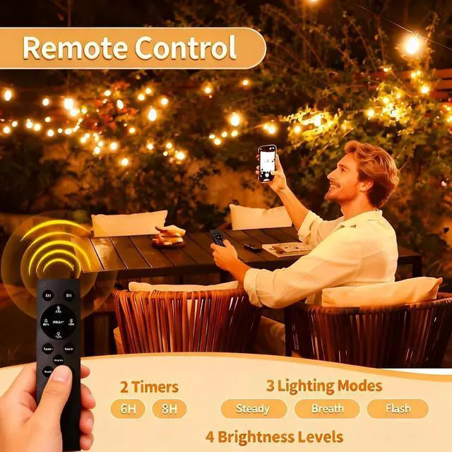 Alt view image 3 of 7 - SANBEN Outdoor String Lights with Remote, 50ft 25 Bulbs Low Voltage(24V) Patio Lights, Dimmable & Timer, IP65 Waterproof, G40 LED Hanging Lights for Outside, Deck, Garden, Backyard, Porch, Party