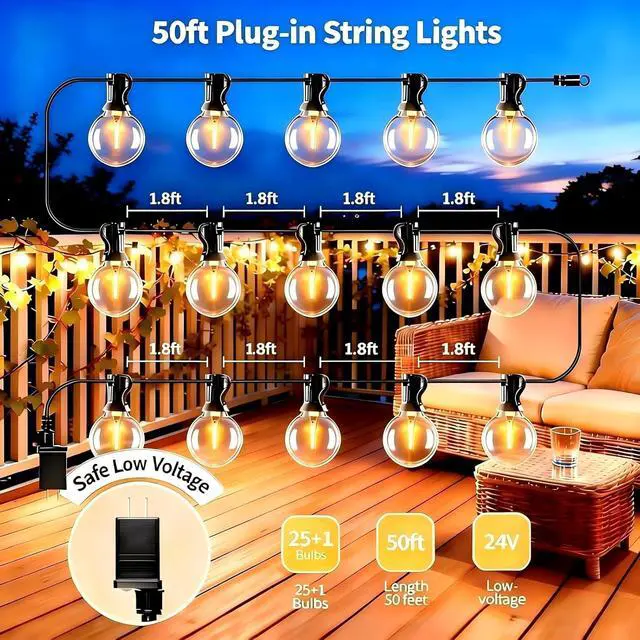 Alt view image 5 of 7 - SANBEN Outdoor String Lights with Remote, 50ft 25 Bulbs Low Voltage(24V) Patio Lights, Dimmable & Timer, IP65 Waterproof, G40 LED Hanging Lights for Outside, Deck, Garden, Backyard, Porch, Party