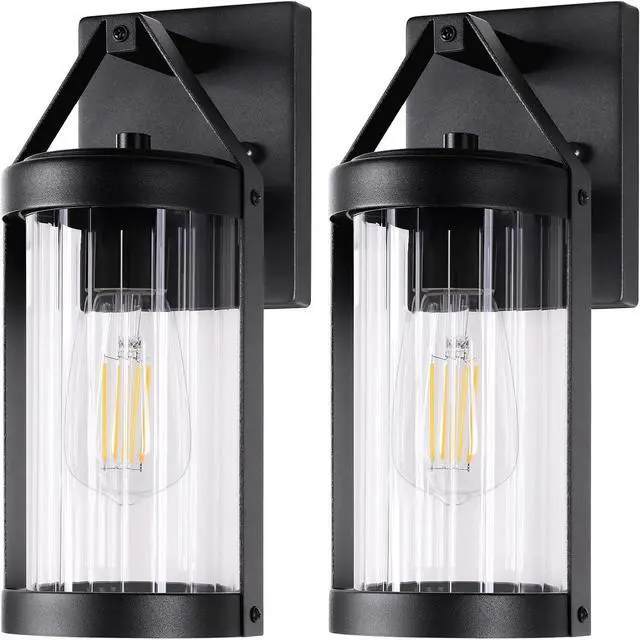 Main image of Brightever Outdoor Wall Light Fixtures, Waterproof Matte Black Exterior Wall Lantern Sconce Porch Lights, Outside Lighting with Clear Ribbed Glass for House, Garage, Front Door, 2-Pack