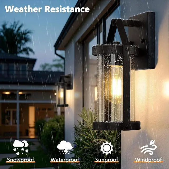 Alt view image 3 of 7 - Brightever Outdoor Wall Light Fixtures, Waterproof Matte Black Exterior Wall Lantern Sconce Porch Lights, Outside Lighting with Clear Ribbed Glass for House, Garage, Front Door, 2-Pack