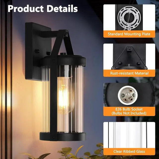 Alt view image 4 of 7 - Brightever Outdoor Wall Light Fixtures, Waterproof Matte Black Exterior Wall Lantern Sconce Porch Lights, Outside Lighting with Clear Ribbed Glass for House, Garage, Front Door, 2-Pack