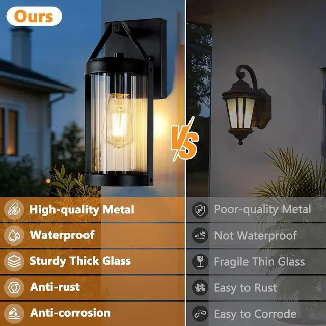 Alt view image 2 of 7 - Brightever Outdoor Wall Light Fixtures, Waterproof Matte Black Exterior Wall Lantern Sconce Porch Lights, Outside Lighting with Clear Ribbed Glass for House, Garage, Front Door, 2-Pack