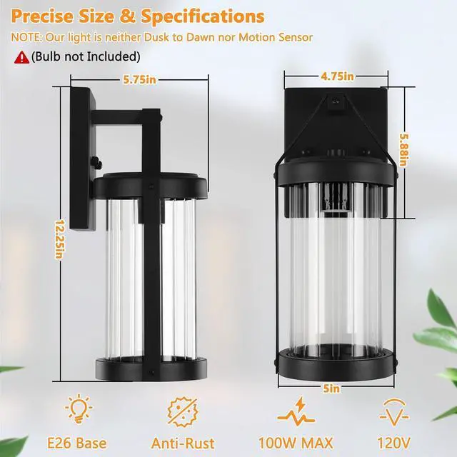Alt view image 5 of 7 - Brightever Outdoor Wall Light Fixtures, Waterproof Matte Black Exterior Wall Lantern Sconce Porch Lights, Outside Lighting with Clear Ribbed Glass for House, Garage, Front Door, 2-Pack
