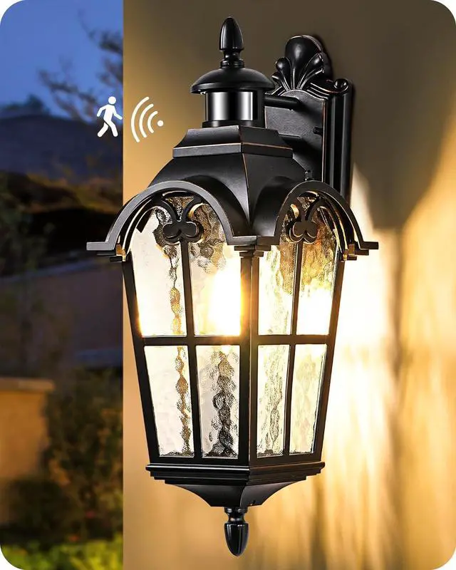 Main image of EDISHINE 20.2" Large Motion Sensor Outdoor Wall Lights, Dusk to Dawn Exterior Sconce with Water Ripple Glass, Waterproof Outside Porch Lighting Wall Mount Fixture for Front Door Garage