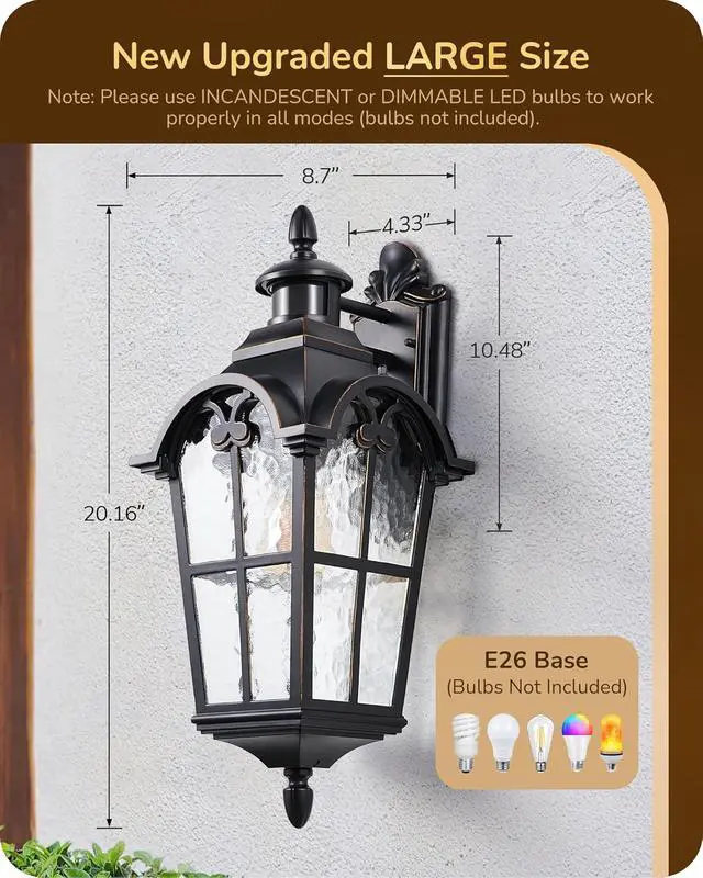 Alt view image 2 of 7 - EDISHINE 20.2" Large Motion Sensor Outdoor Wall Lights, Dusk to Dawn Exterior Sconce with Water Ripple Glass, Waterproof Outside Porch Lighting Wall Mount Fixture for Front Door Garage