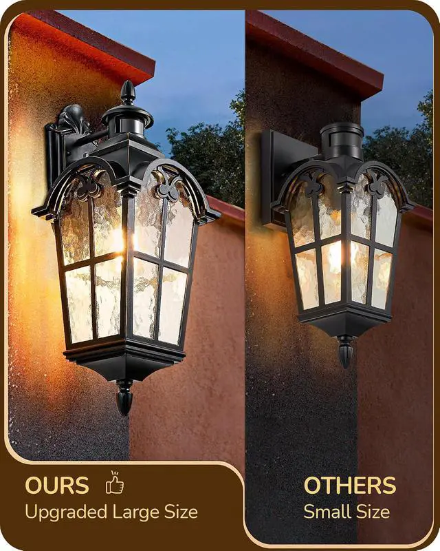 Alt view image 3 of 7 - EDISHINE 20.2" Large Motion Sensor Outdoor Wall Lights, Dusk to Dawn Exterior Sconce with Water Ripple Glass, Waterproof Outside Porch Lighting Wall Mount Fixture for Front Door Garage