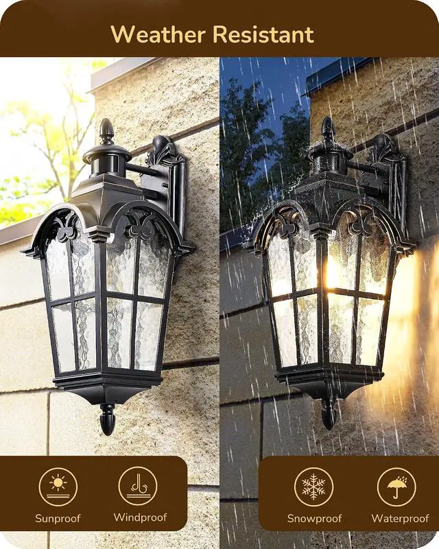 Alt view image 7 of 7 - EDISHINE 20.2" Large Motion Sensor Outdoor Wall Lights, Dusk to Dawn Exterior Sconce with Water Ripple Glass, Waterproof Outside Porch Lighting Wall Mount Fixture for Front Door Garage