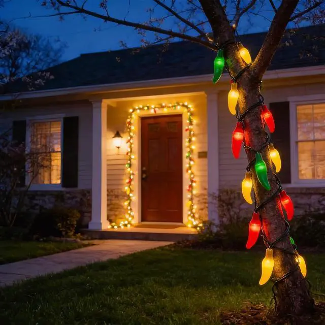 Alt view image 2 of 7 - 35 LED Red Green and Yellow Chili Pepper Christmas Lights, 18 Ft Green Wire House Decorative Lighting String, for Indoor and Outdoor Party, Kitchen, Living Room, Garden, Patio.