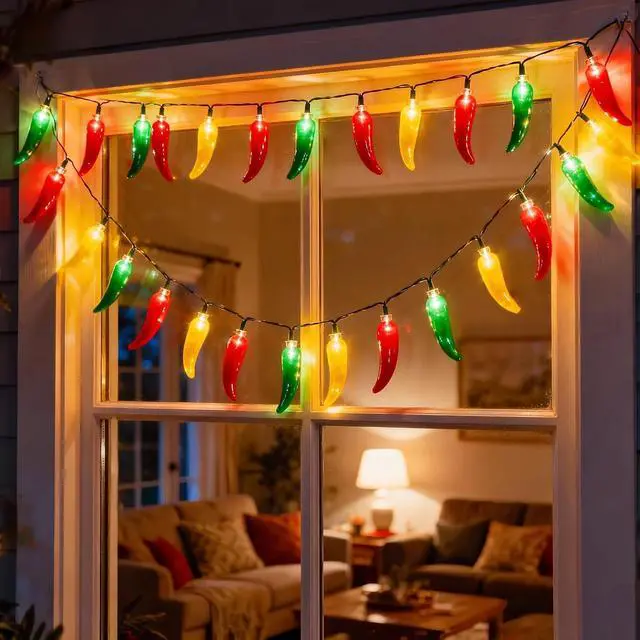 Alt view image 4 of 7 - 35 LED Red Green and Yellow Chili Pepper Christmas Lights, 18 Ft Green Wire House Decorative Lighting String, for Indoor and Outdoor Party, Kitchen, Living Room, Garden, Patio.