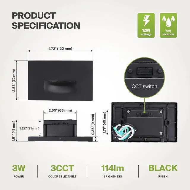 Alt view image 7 of 7 - ASD LED Recessed Step Light Fixture, Outdoor & Indoor Stair Tread Lighting | 3CCT, Dimmable, Waterproof, ETL Listed | 3W 120LM 3000K-5000K 120V | Staircase Hardwired Illumination | Black, 12 Pack