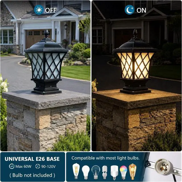 Alt view image 4 of 7 - Outdoor Column Lights, 24.4 Modern Column Lamp IP54 Waterproof Glass Post Light Outdoor E26 Aluminum Fence Post Light Fixtures for Villa Garden Park Lighting Black Pillar Lights