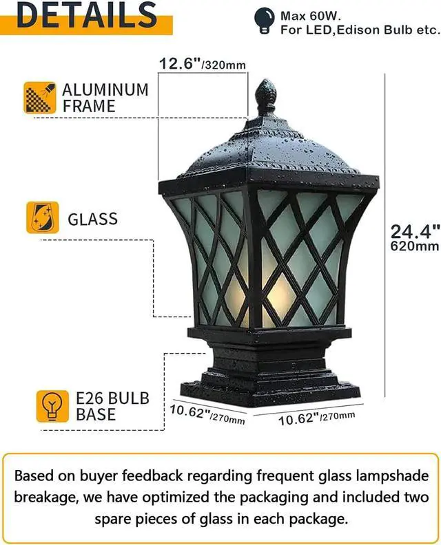 Alt view image 6 of 7 - Outdoor Column Lights, 24.4 Modern Column Lamp IP54 Waterproof Glass Post Light Outdoor E26 Aluminum Fence Post Light Fixtures for Villa Garden Park Lighting Black Pillar Lights