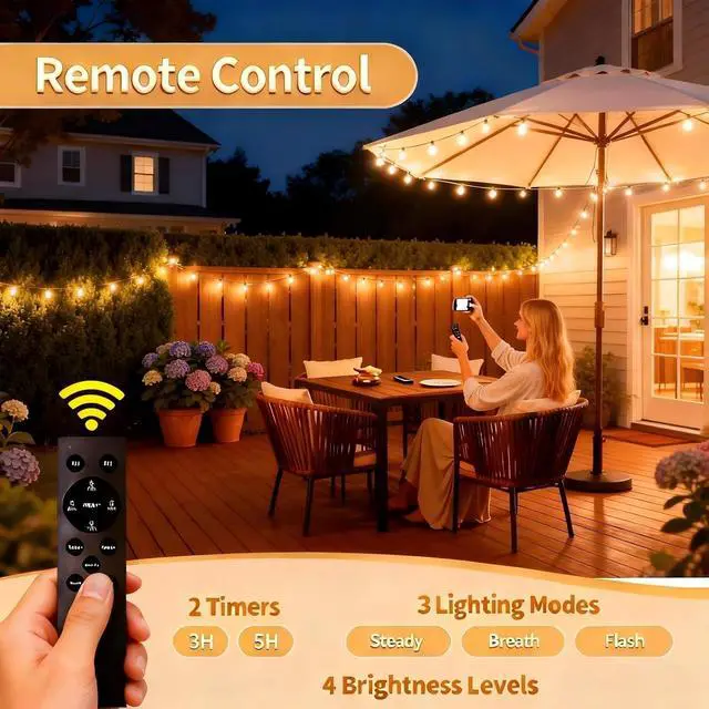 Alt view image 3 of 7 - SANBEN Solar String Lights Outdoor with Remote, 50ft 25 Bulbs Solar Powered Patio Lights Waterproof, Dimmable & Timer, G40 LED Solar Lights for Camping Deck Backyard Garden Fence