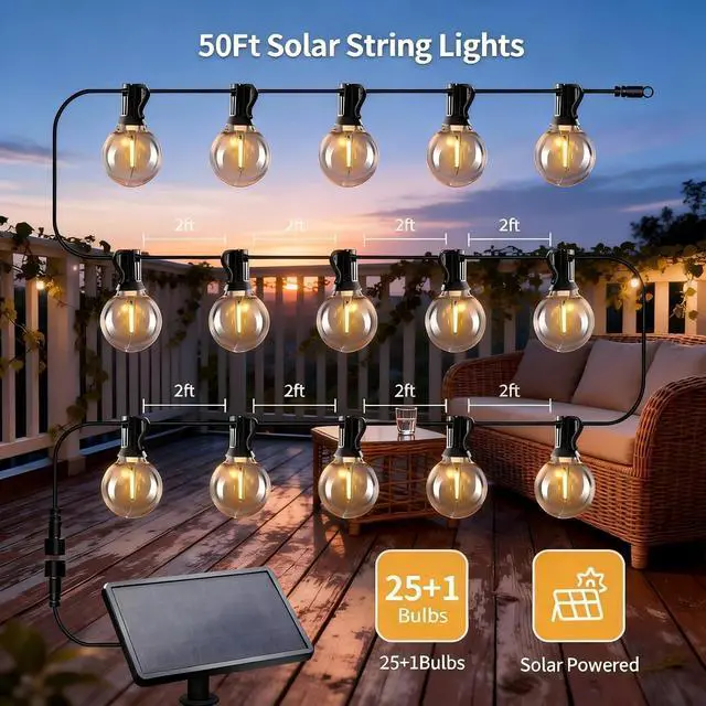 Alt view image 5 of 7 - SANBEN Solar String Lights Outdoor with Remote, 50ft 25 Bulbs Solar Powered Patio Lights Waterproof, Dimmable & Timer, G40 LED Solar Lights for Camping Deck Backyard Garden Fence