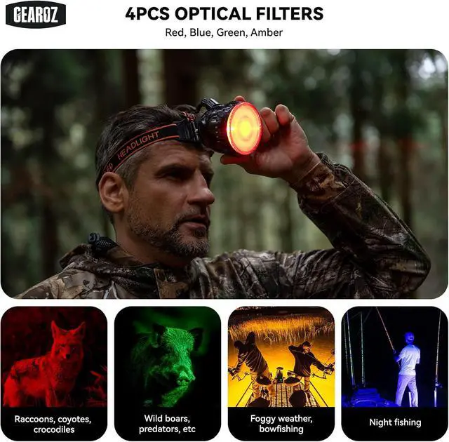 Alt view image 2 of 7 - GearOZ 10W LED Coon Hunting Lights Rechargeable Hunter Headlamp 25000 Lux | 500 Lumen, IPX5 Waterproof, Coyote/Hog/Predators Head Lamp, Explosion Proof, Mining/Hiking, 4 Optical Filters, Night Working