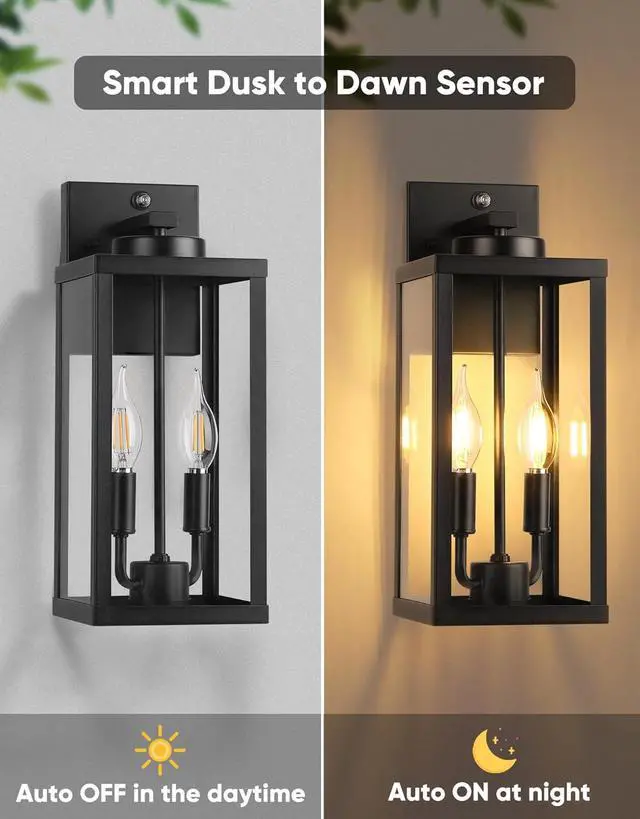 Alt view image 2 of 7 - PARTPHONER Dusk to Dawn Outdoor Wall Sconce 2-Light, Transitional Wall Lantern Tall Wall Lamp, Waterproof Exterior Lighting Fixture with E12 Base Outside Lights for House Porch Garage, Black 2 Pack