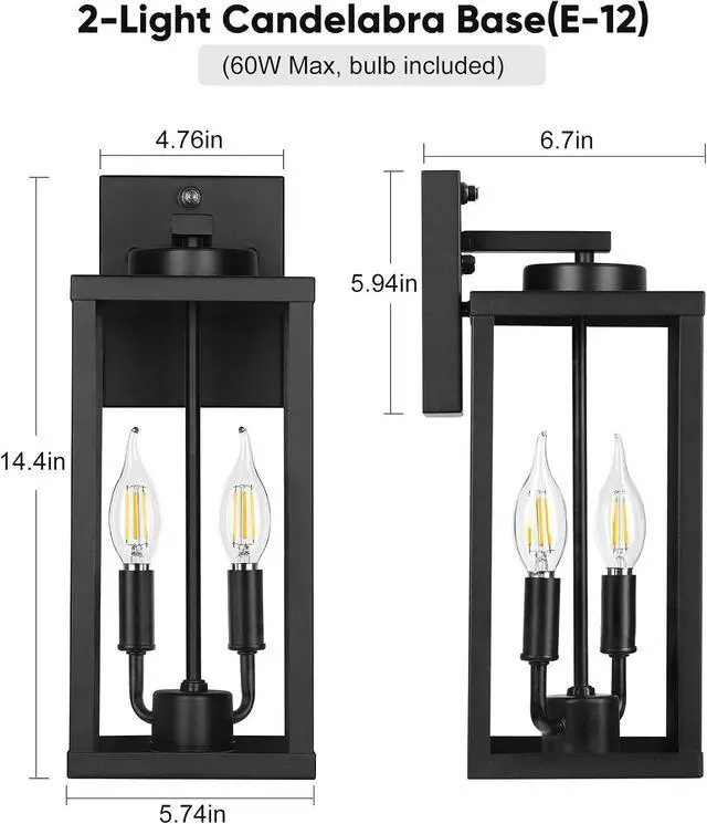 Alt view image 3 of 7 - PARTPHONER Dusk to Dawn Outdoor Wall Sconce 2-Light, Transitional Wall Lantern Tall Wall Lamp, Waterproof Exterior Lighting Fixture with E12 Base Outside Lights for House Porch Garage, Black 2 Pack