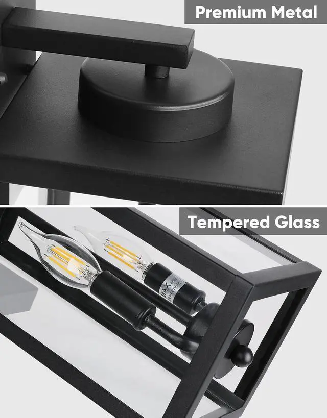 Alt view image 5 of 7 - PARTPHONER Dusk to Dawn Outdoor Wall Sconce 2-Light, Transitional Wall Lantern Tall Wall Lamp, Waterproof Exterior Lighting Fixture with E12 Base Outside Lights for House Porch Garage, Black 2 Pack
