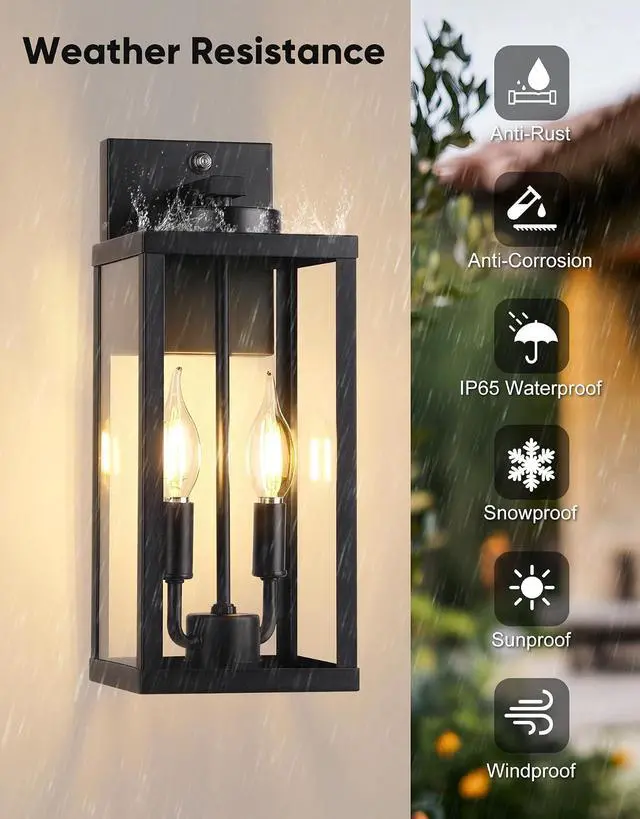 Alt view image 6 of 7 - PARTPHONER Dusk to Dawn Outdoor Wall Sconce 2-Light, Transitional Wall Lantern Tall Wall Lamp, Waterproof Exterior Lighting Fixture with E12 Base Outside Lights for House Porch Garage, Black 2 Pack