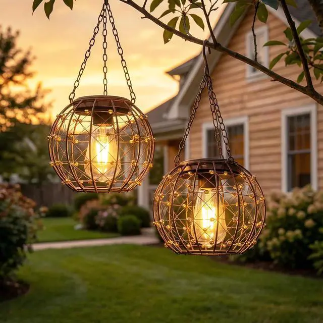 Main image of Hanging Solar Lanterns, Solar Lights Outdoor Waterpoof, Solar Chandelier with Warm White Led Bulb, Beaded Copper Wire Ball Shade Patio Garden Decor Lights for Tree Yard Pathway Wall Eave Pergola-2Pack