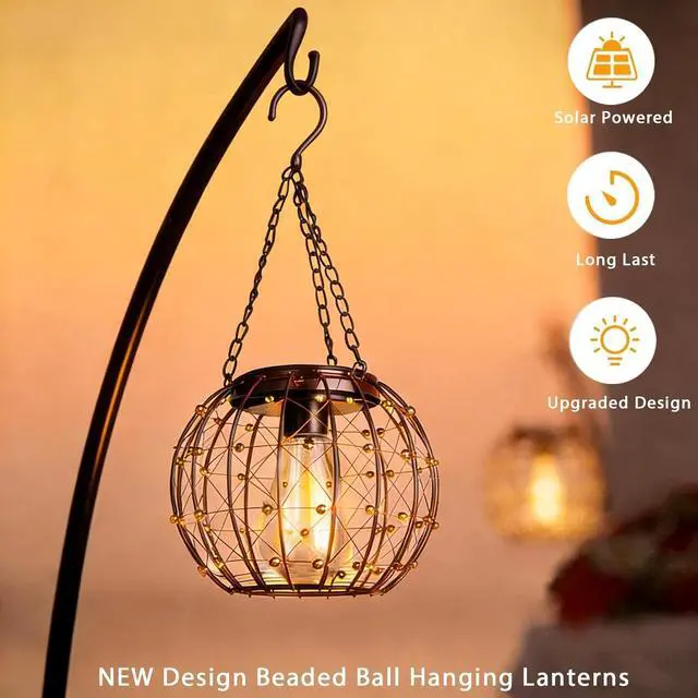 Alt view image 2 of 7 - Hanging Solar Lanterns, Solar Lights Outdoor Waterpoof, Solar Chandelier with Warm White Led Bulb, Beaded Copper Wire Ball Shade Patio Garden Decor Lights for Tree Yard Pathway Wall Eave Pergola-2Pack