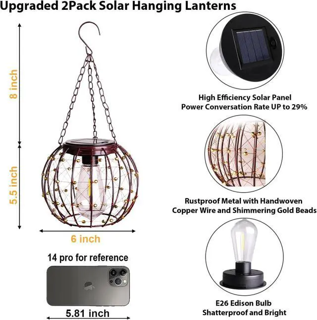 Alt view image 3 of 7 - Hanging Solar Lanterns, Solar Lights Outdoor Waterpoof, Solar Chandelier with Warm White Led Bulb, Beaded Copper Wire Ball Shade Patio Garden Decor Lights for Tree Yard Pathway Wall Eave Pergola-2Pack